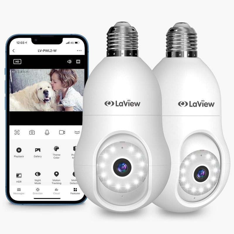 LaView 4MP Bulb Security Camera 2.4GHz,360° 2K Security Cameras Wireless Outdoor Indoor Full Color Day and Night, Motion Detection, Audible Alarm, Easy Installation, Compatible with Alexa (2 Pack) - Image 1